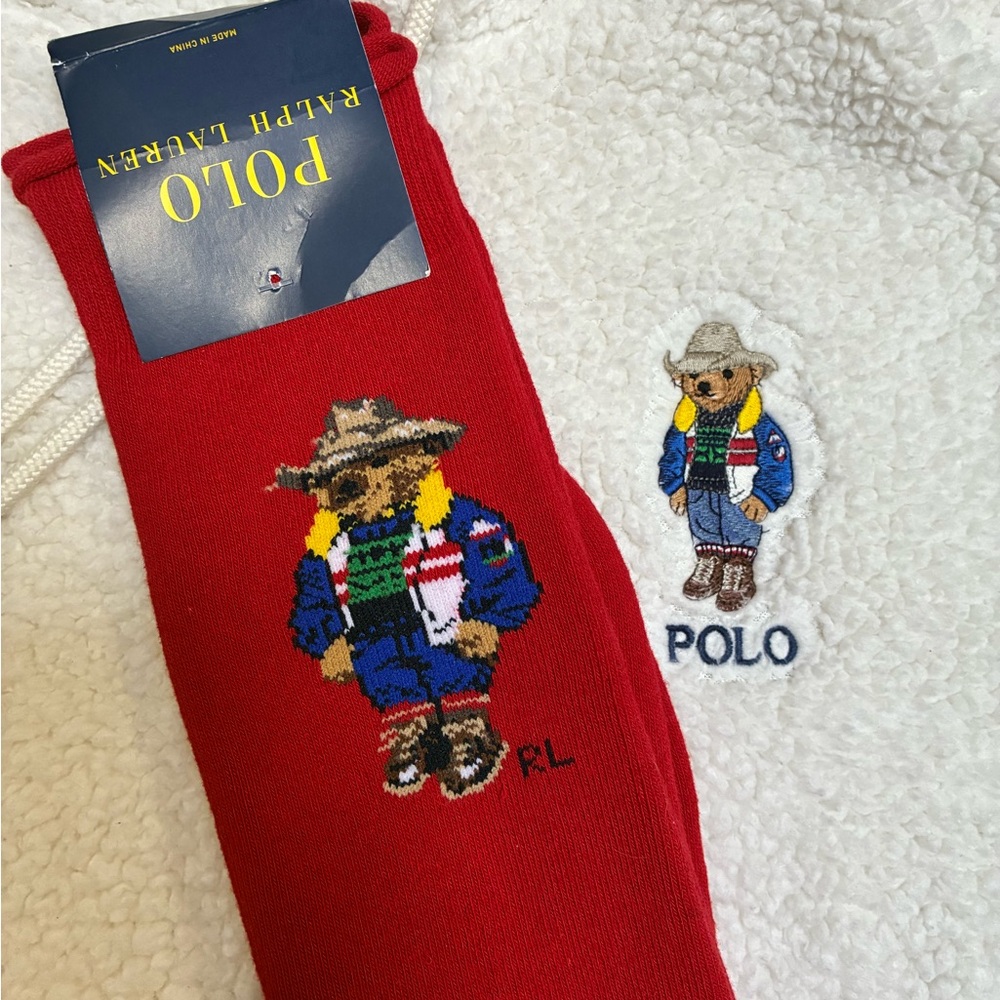 Polo Ralph Lauren White Sherpa Western Cowboy Bear Hoodie & Socks Bundle/Set